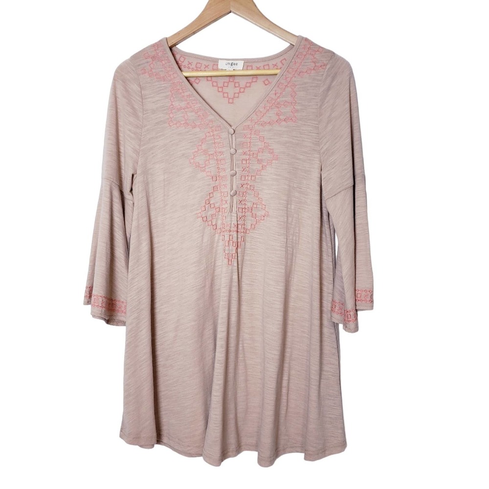 Umgee Embroidered V-Neck Button Front Tunic Bell Sleeve Small